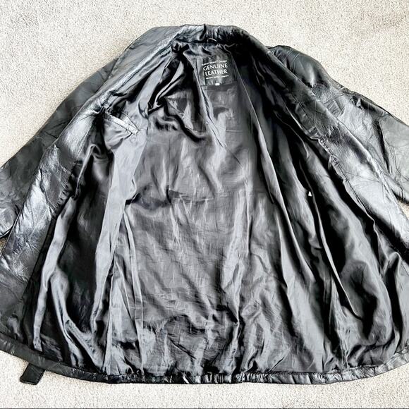 Vintage 80s 90s Italian Stone Design Genuine Leather Patchwork Trench Coat - Picture 6 of 16